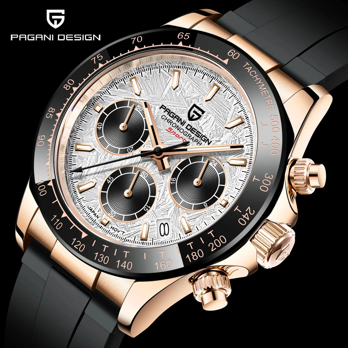 Pagani Design PD-1664 rose gold textured white dial chronograph watch
