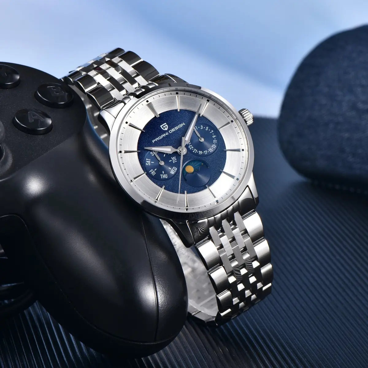 Pagani Design PD-1795 silver case blue dial moonphase watch