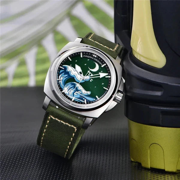 Pagani Design PD-YS014 silver case green strap automatic watch